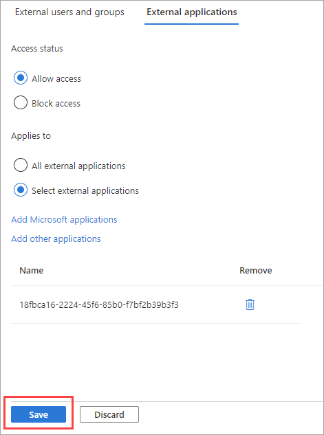 選択したアプリケーションと [保存] ボタンを示すスクリーンショット。