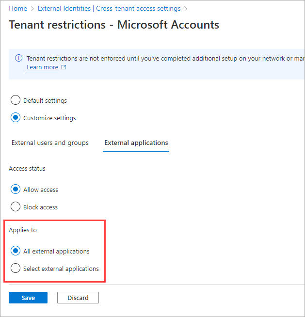 外部アプリケーションに制限を適用するためのオプションの選択を示すスクリーンショット。