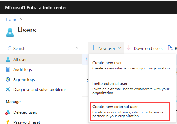 Microsoft Entra ID の [Create new external user]\(新しい外部ユーザーの作成\) メニューのスクリーンショット。