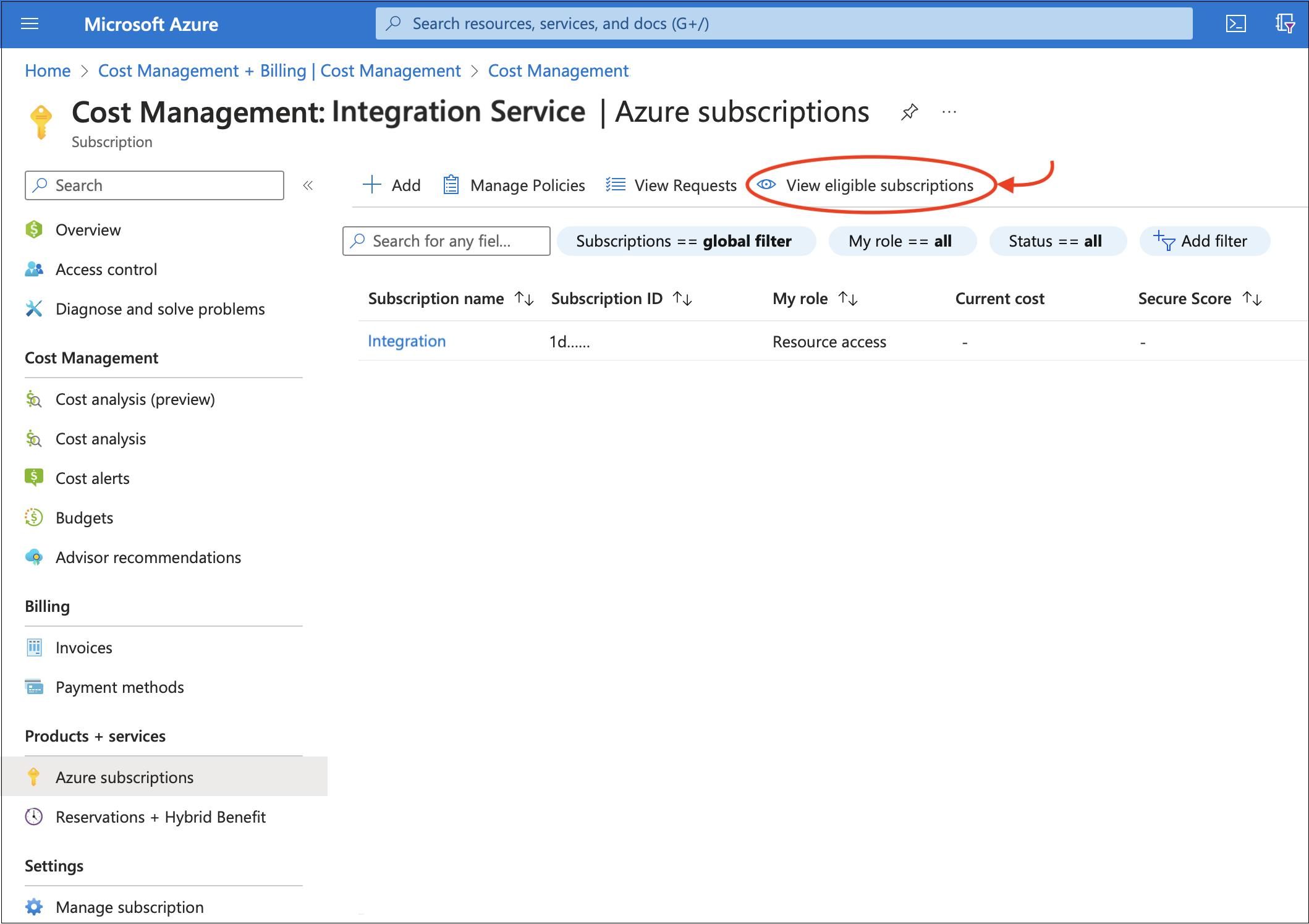 [Cost Management: Integration Service] ページの対象となるサブスクリプションの表示のスクリーンショット。