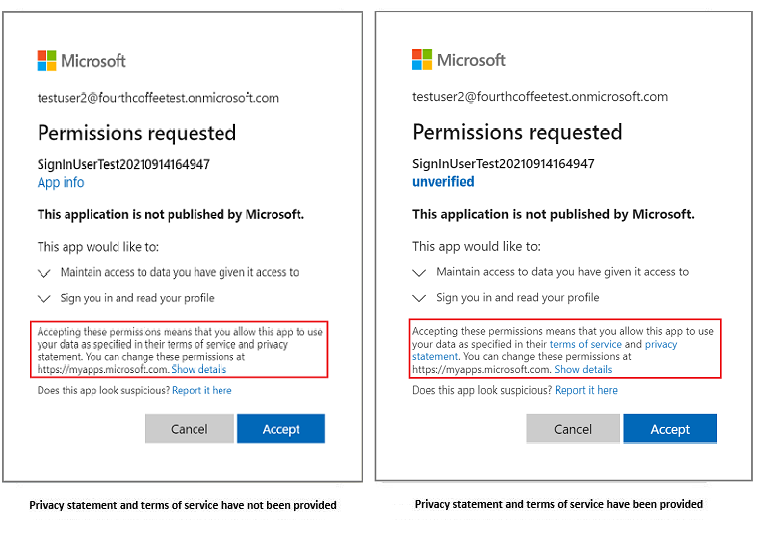提供されているプライバシーに関する声明とサービス条件の有無に関するスクリーンショット