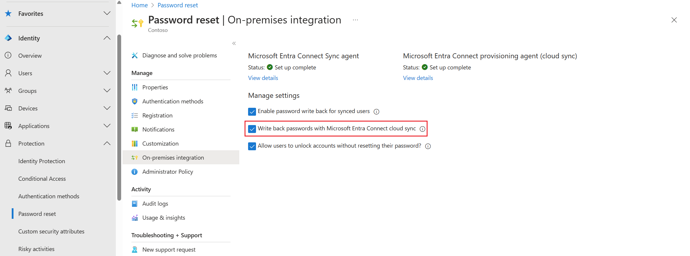 オンプレミス統合に対して Microsoft Entra ID に対して有効になっているパスワード ライトバックのスクリーンショット。