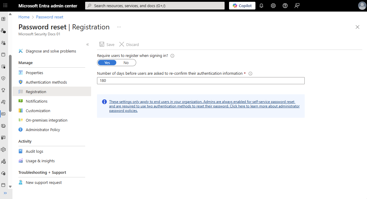 Microsoft Entra ID のパスワード リセット登録のスクリーンショット。