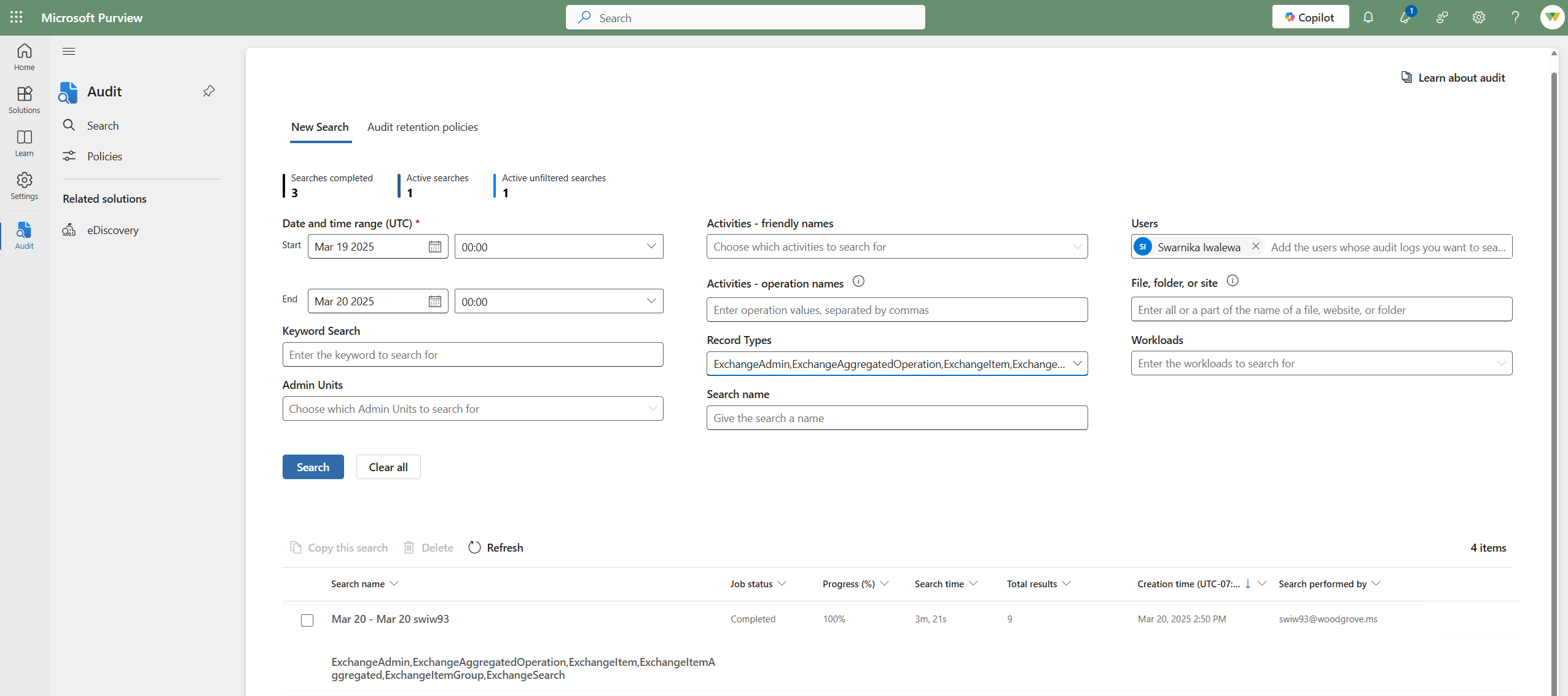 ユーザーまたはレコードの種類による検索を示す Microsoft Purview ポータルのスクリーンショット。