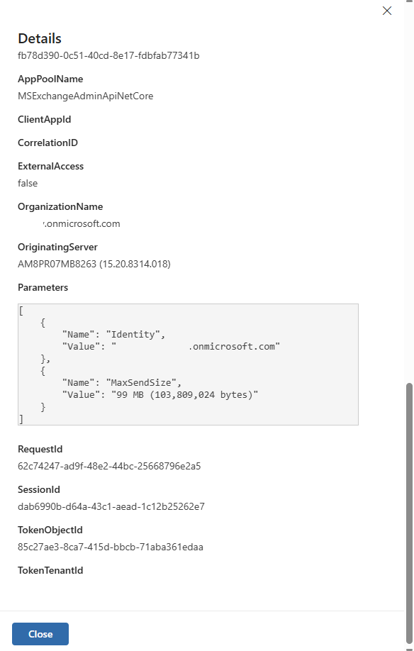 詳細なログ項目を示す Microsoft Purview ポータルのスクリーンショット。