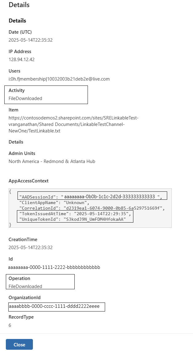 Teams と SPO のログ項目の検索を示す Microsoft Purview ポータルのスクリーンショット。