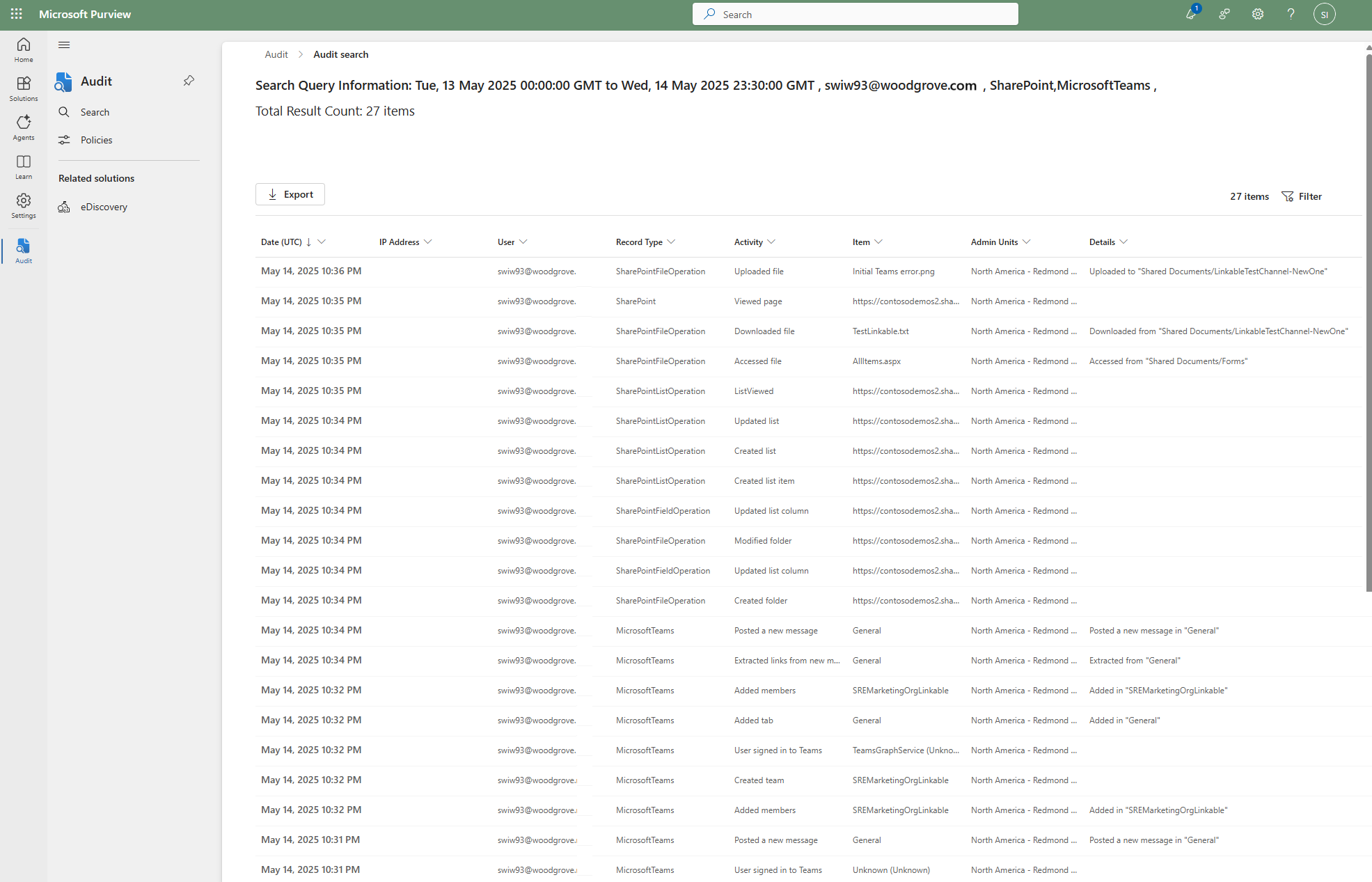 SPO ログと Teams ログの結果を示す Microsoft Purview ポータルのスクリーンショット。