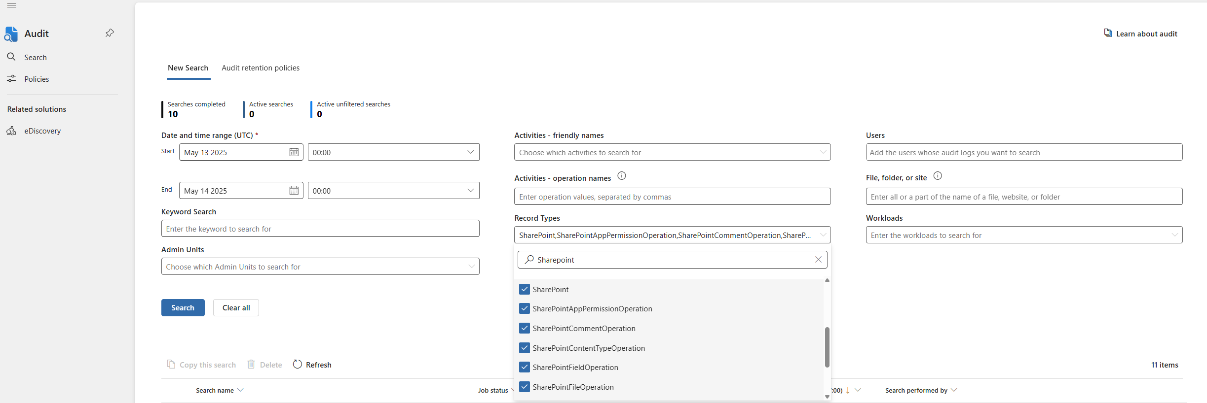 SharePoint Online でサポートされているレコードの種類を示す Microsoft Purview ポータルのスクリーンショット。
