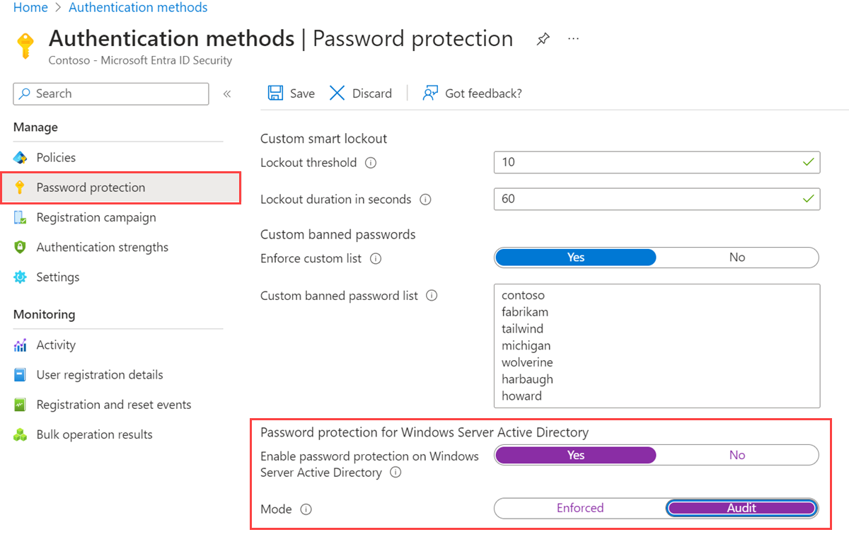 Microsoft Entra 管理センターの [認証方法] でオンプレミスのパスワード保護を有効にする