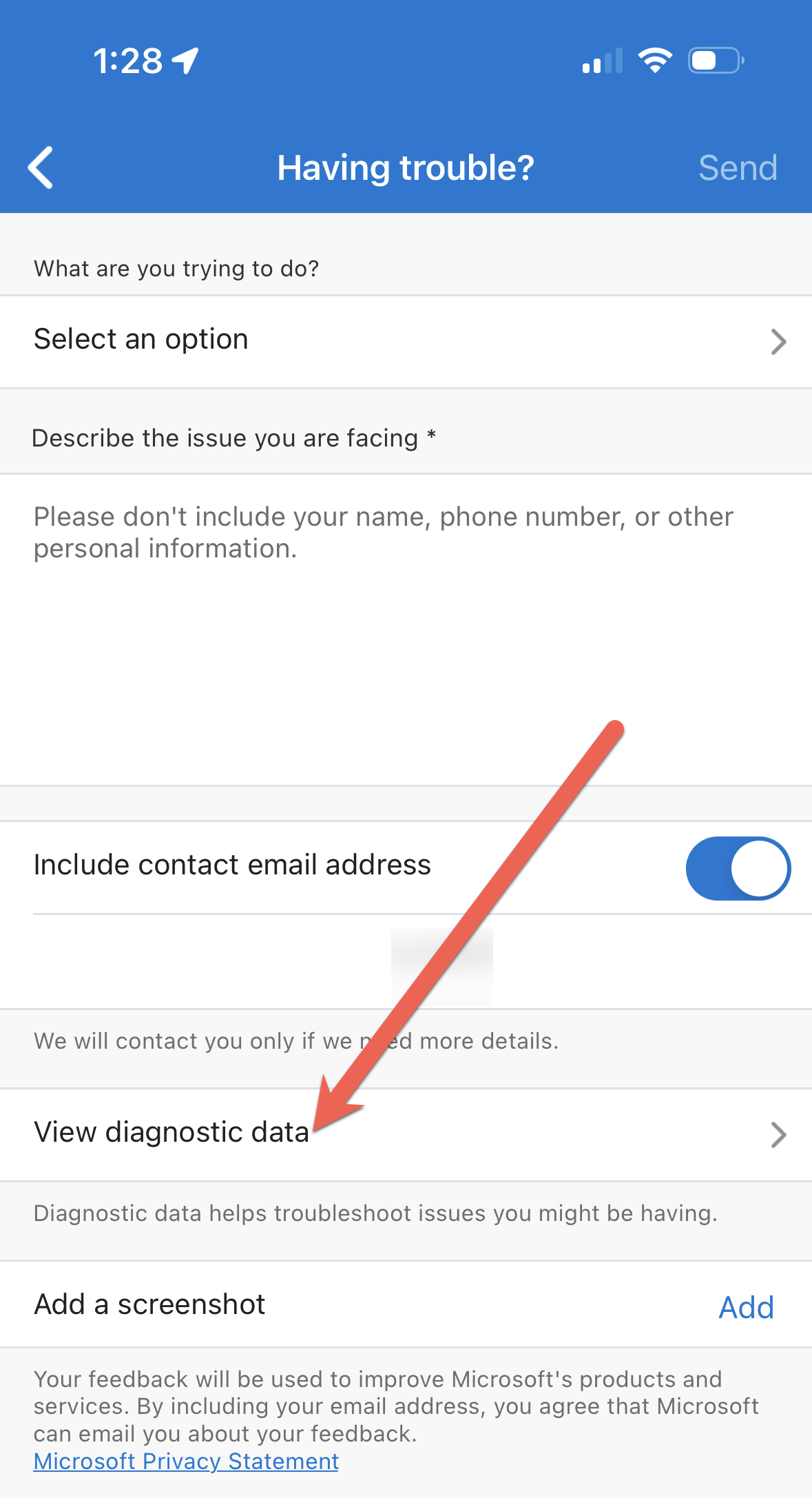Microsoft Authenticator アプリの [診断データの表示] ボタンを示すスクリーンショット。
