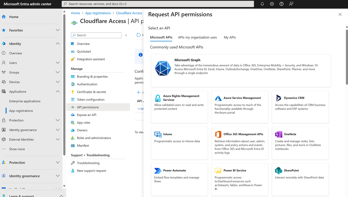 [API アクセス許可の要求] の [Microsoft Graph] オプションのスクリーンショット。