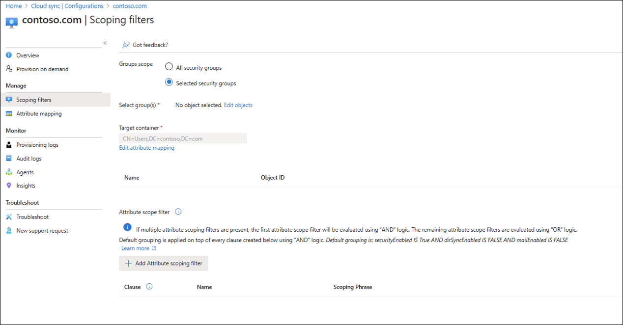 スコープ フィルター セクションのスクリーンショット。