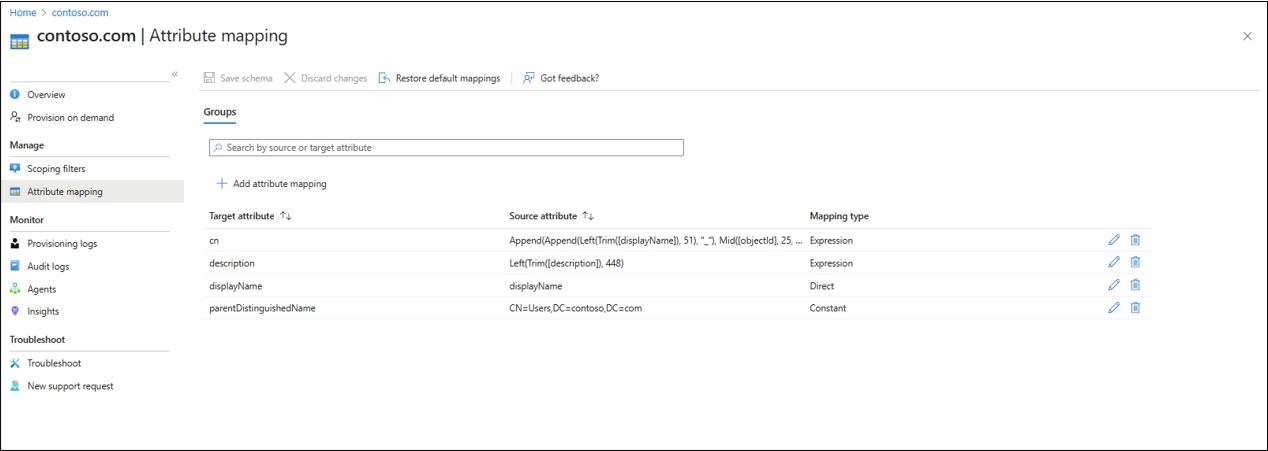 既定の属性マッピングのスクリーンショット。