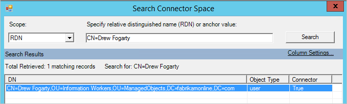 [Search Connector Space]\(コネクタ スペースの検索\) ウィンドウを示すスクリーンショット。