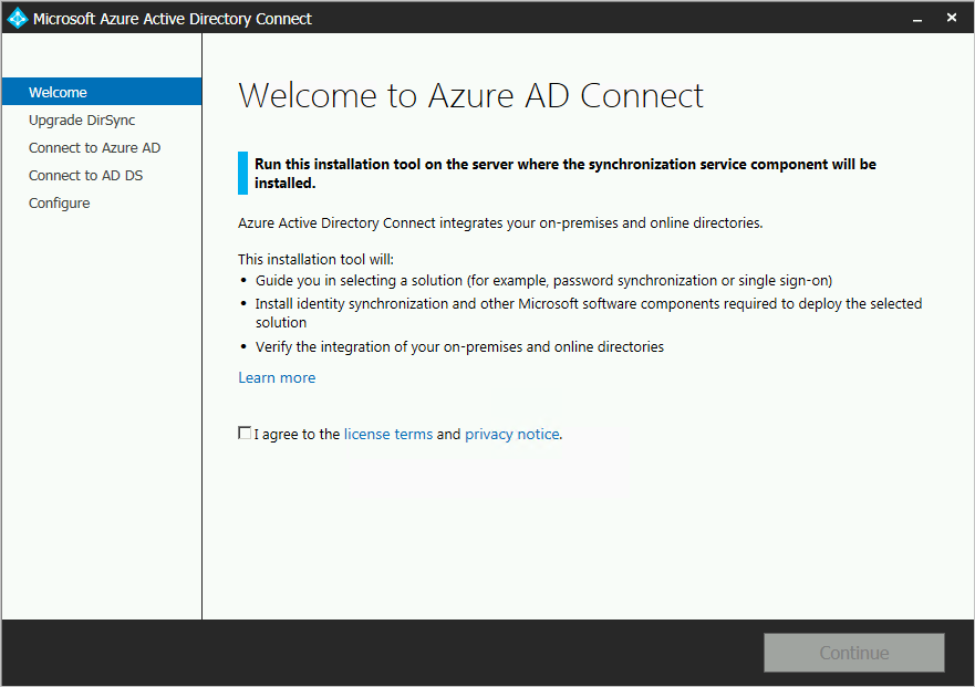 [Microsoft Entra Connect へようこそ] ページを示すスクリーンショット。