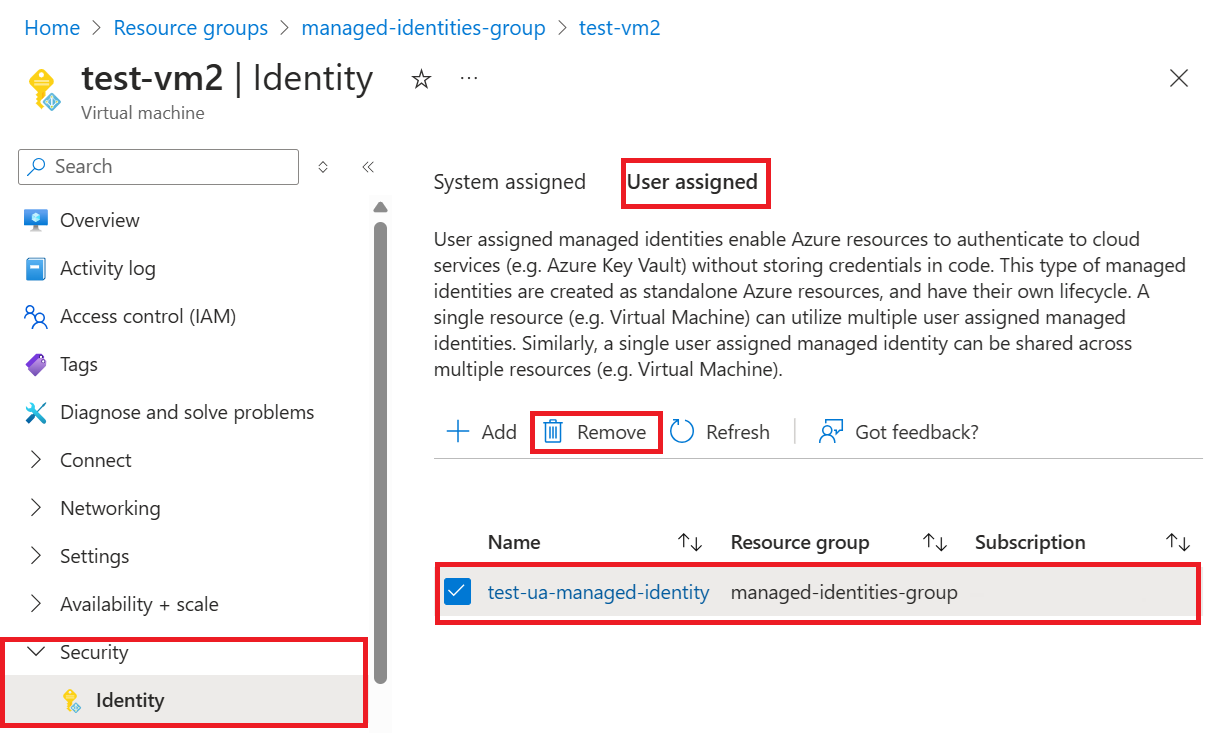 VM からユーザー割り当てマネージド ID を削除する方法を示すスクリーンショット。