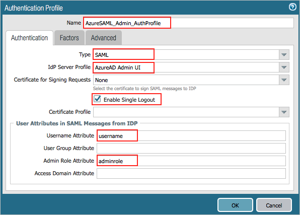 [Authentication Profile]\(認証プロファイル\) ウィンドウを示すスクリーンショット。