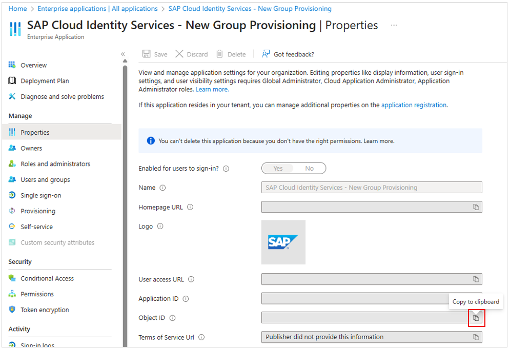 SAP Cloud Identity Services コネクタの [プロパティ] ブレードでオブジェクト ID をコピーする場所のスクリーンショット。