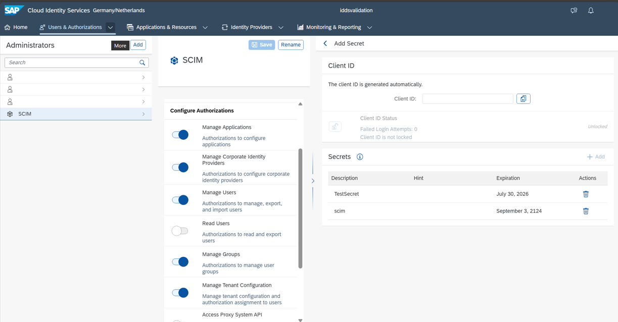 SAP Cloud Identity Services 管理コンソールのスクリーンショット。
