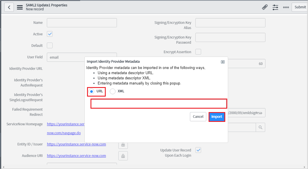 URL とインポートが強調表示されている Id プロバイダー メタデータのインポートのスクリーンショット