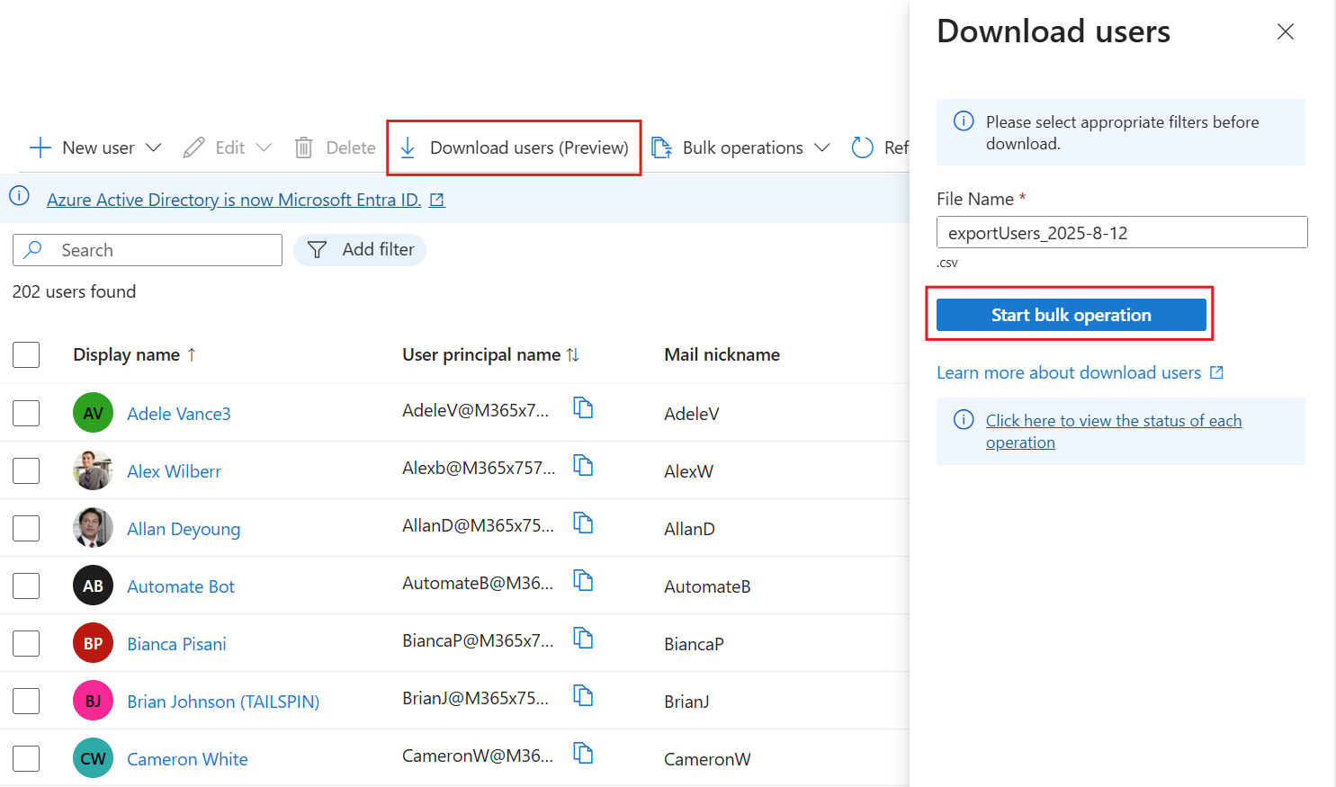 [ユーザーのダウンロード] オプションのスクリーンショット