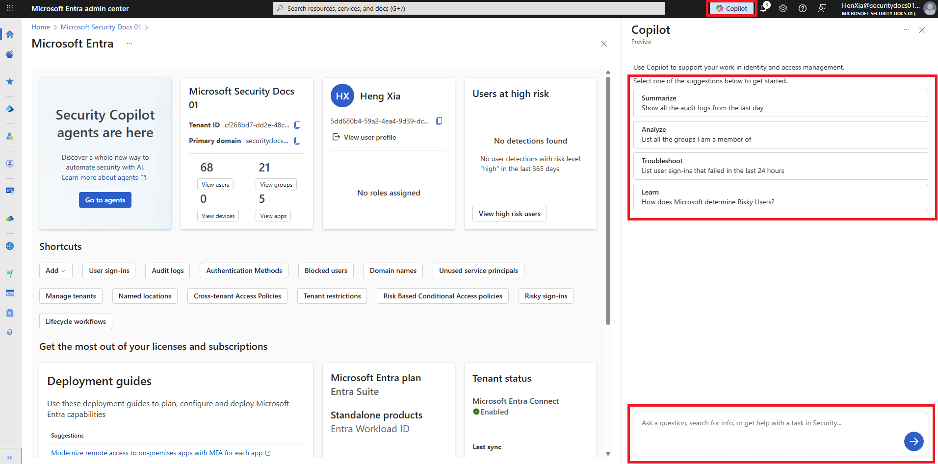 Microsoft Entra 管理センターの Security Copilot を示すスクリーンショット。