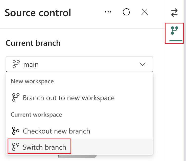 ソース管理で新しいブランチをチェックアウトするオプションのスクリーンショット。