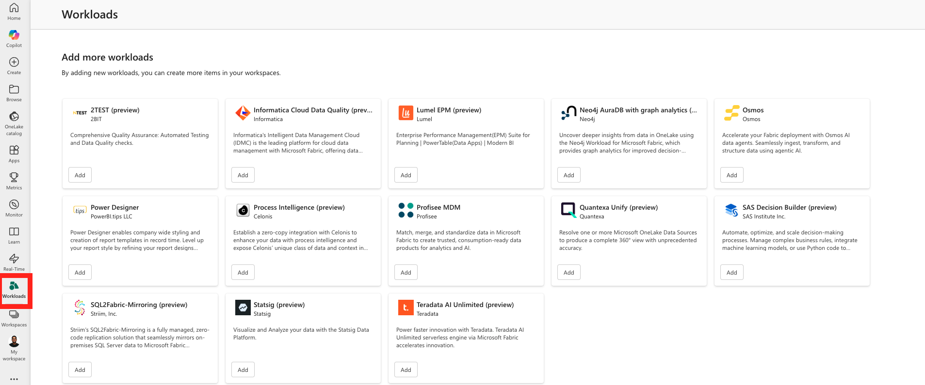 ワークロード ハブを示すスクリーンショット。