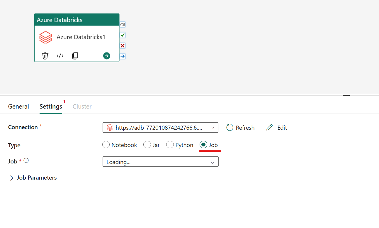 Azure Databricks アクティビティのジョブの種類を示すスクリーンショット。