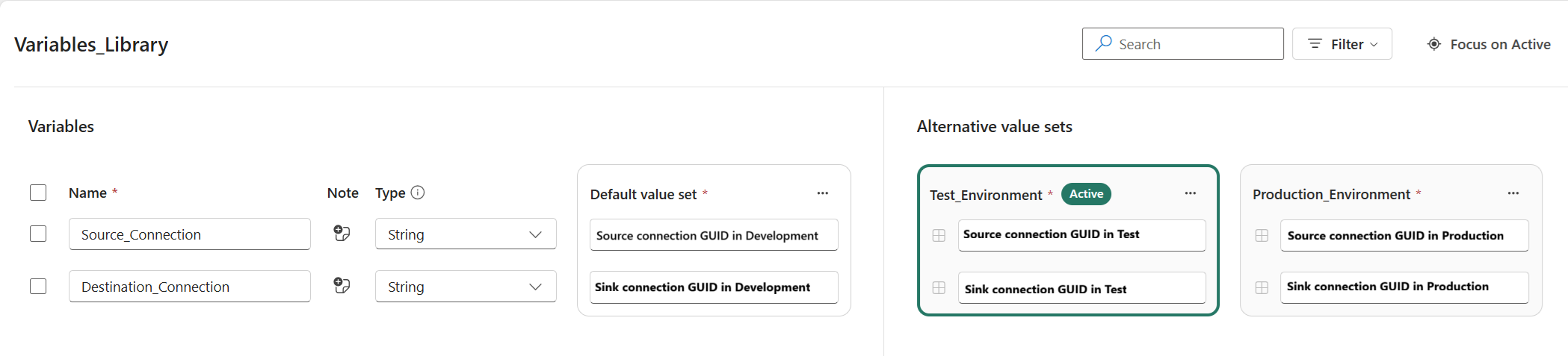 コピー ジョブの変数ライブラリの設定のスクリーンショット。
