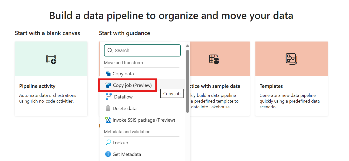 [アクティビティ] ウィンドウが開き、[ジョブのコピー] アクティビティが選択されているパイプライン キャンバスのスクリーンショット。