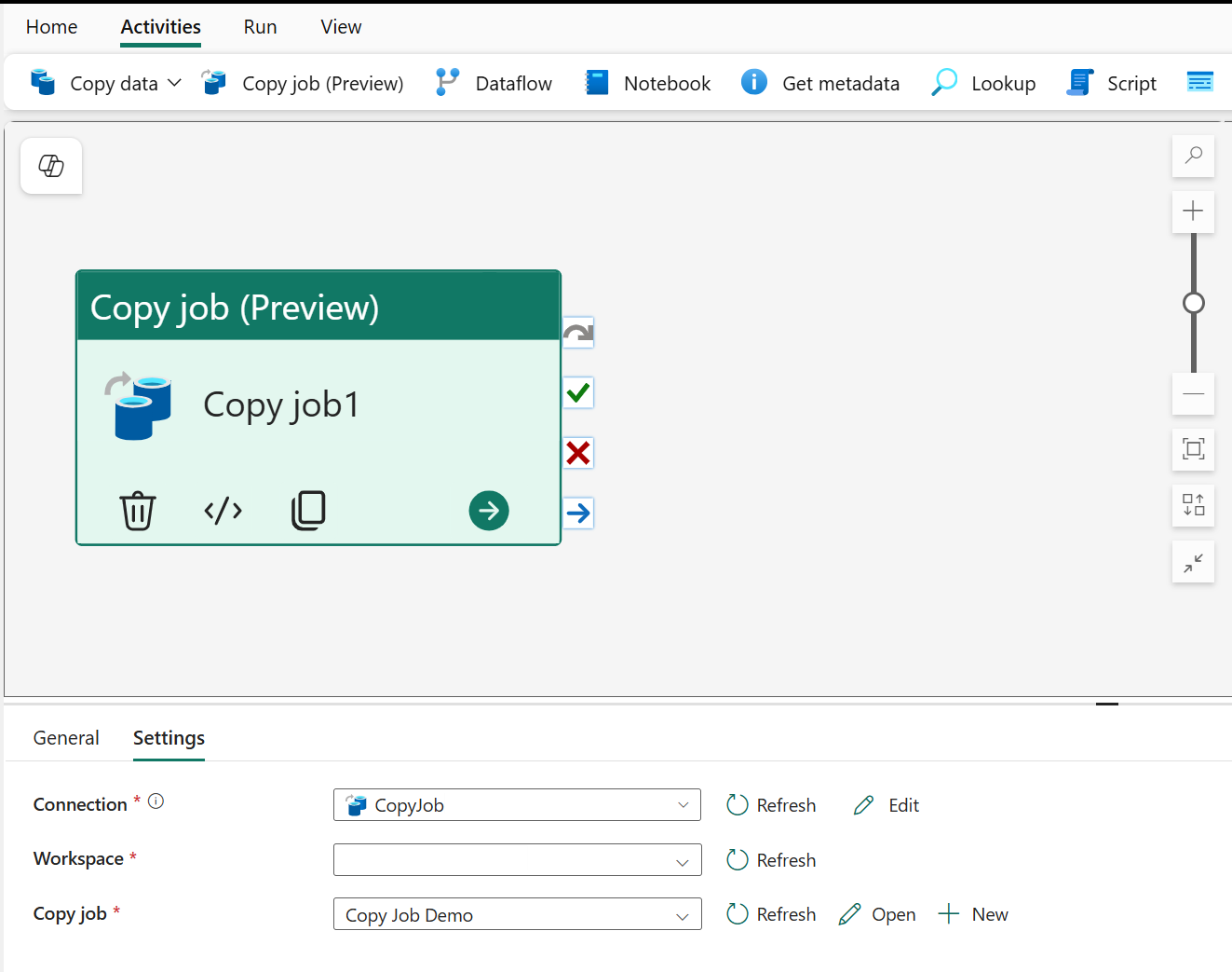 [ジョブのコピー] 項目が選択され、新しい [ジョブのコピー] 項目を作成するための [+ 新規] ボタンが表示されているパイプライン設定のスクリーンショット。