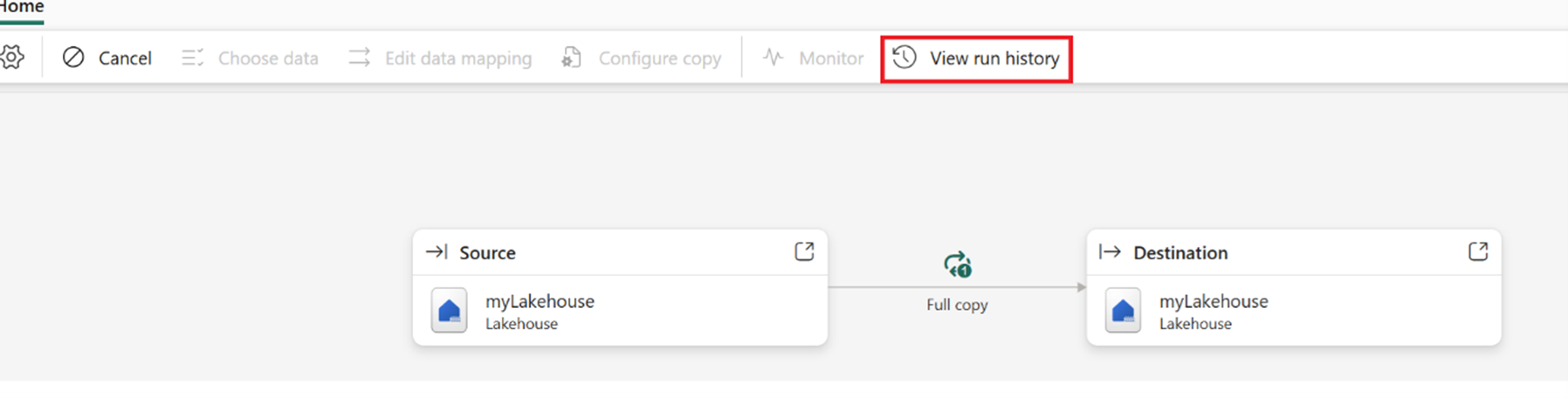 Copy ジョブ パネルの [実行履歴の表示] ボタンを示すスクリーンショット。