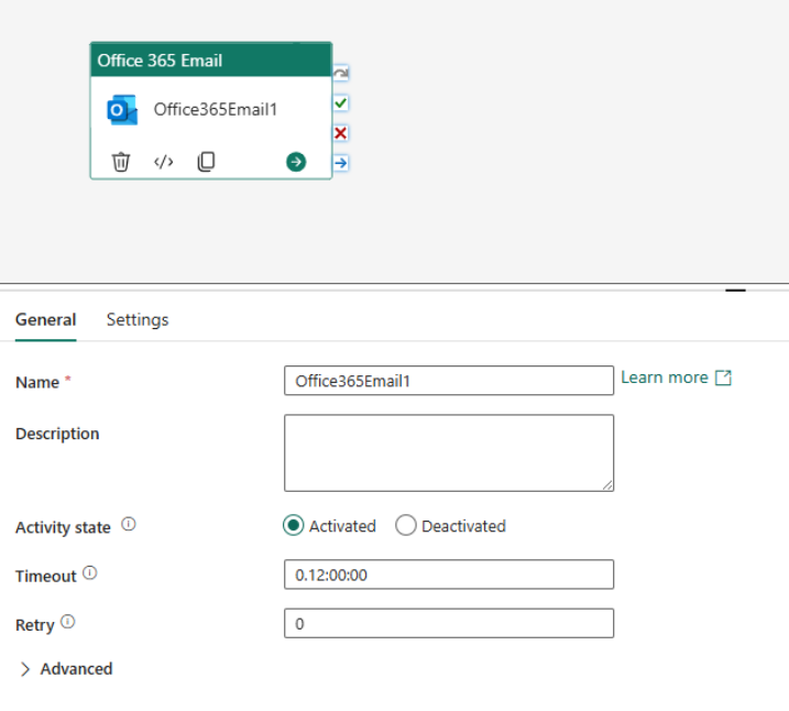 Office 365 Outlook アクティビティの [全般設定] タブを示すスクリーンショット。