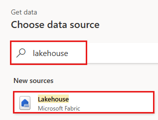 [データ ソースの選択] メニューからの Lakehouse データ ソースの選択を示すスクリーンショット。