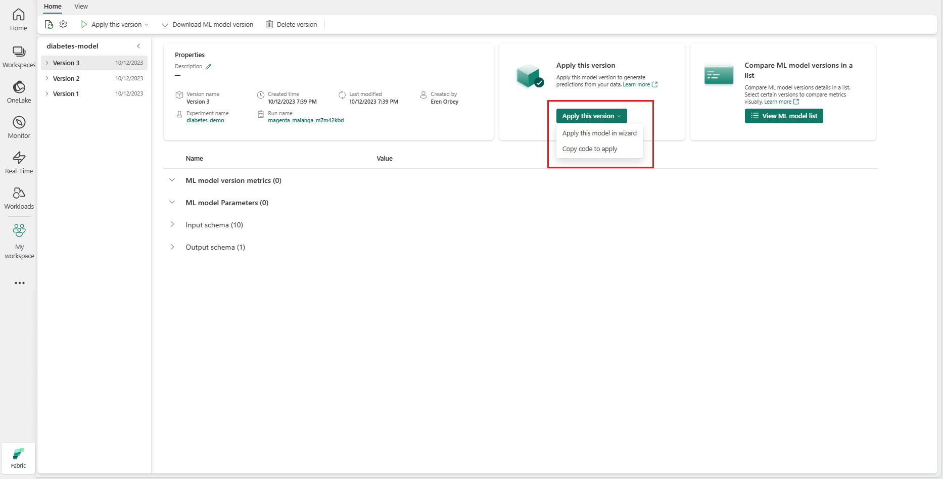 項目ページから ML モデルを適用するプロンプトを示すスクリーンショット。