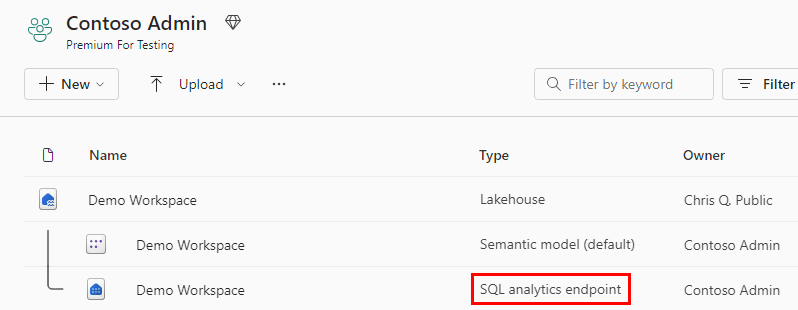 ワークスペースの SQL 分析エンドポイントの種類を示すスクリーンショット。