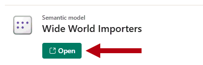 既定のセマンティック モデルのスクリーンショット。[開く] ボタンが強調表示されています。