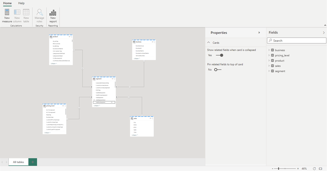 Power BI での Web モデリングを示すスクリーンショット。