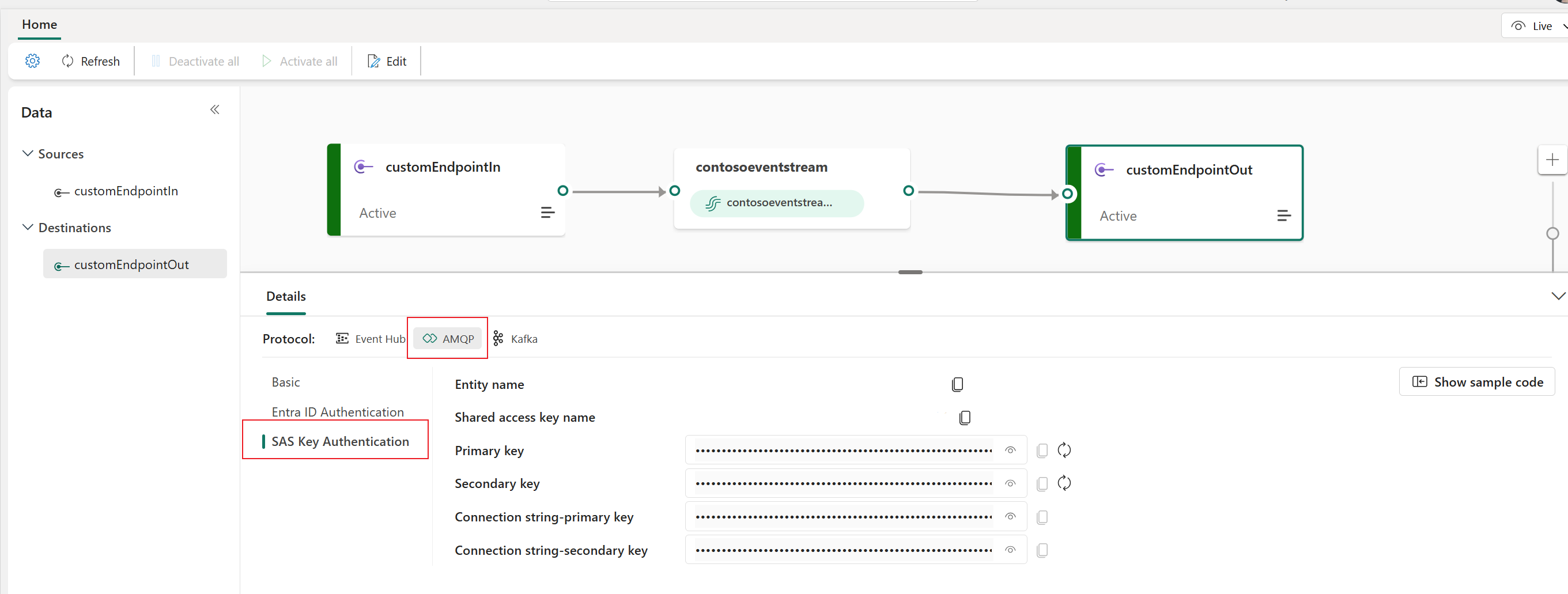 eventstream ライブ ビューの [詳細] ペイン上の AMQP キーを示すスクリーンショット。