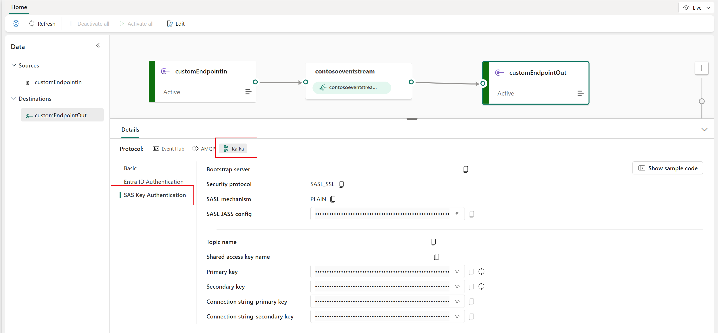 eventstream ライブ ビューの [詳細] ペイン上の Kafka キーを示すスクリーンショット。