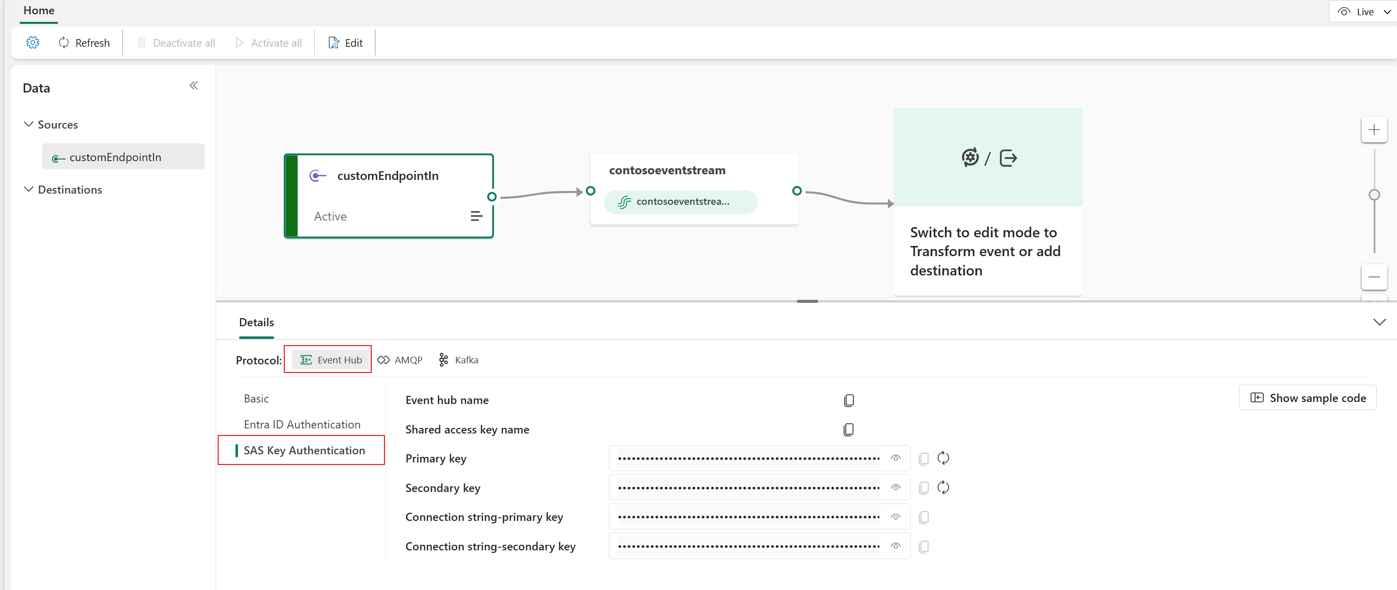 Eventstream の [詳細] ペインのキー情報を示すスクリーンショット。