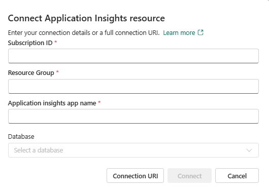 Azure Monitor URI を示す接続ウィンドウのスクリーンショット。[クラスターの接続] ボタンが強調表示されています。