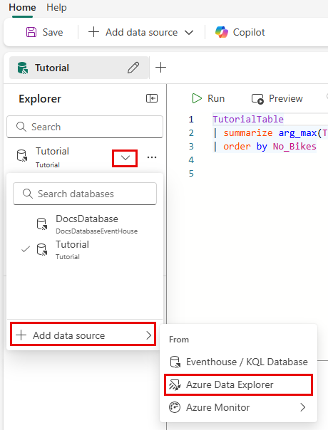 接続されているデータベースの一覧を示すデータ ソース メニューのスクリーンショット。