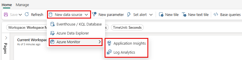 Azure Monitor が強調表示されているオプションのデータ ソースの一覧を示すデータ ソース メニューのスクリーンショット。