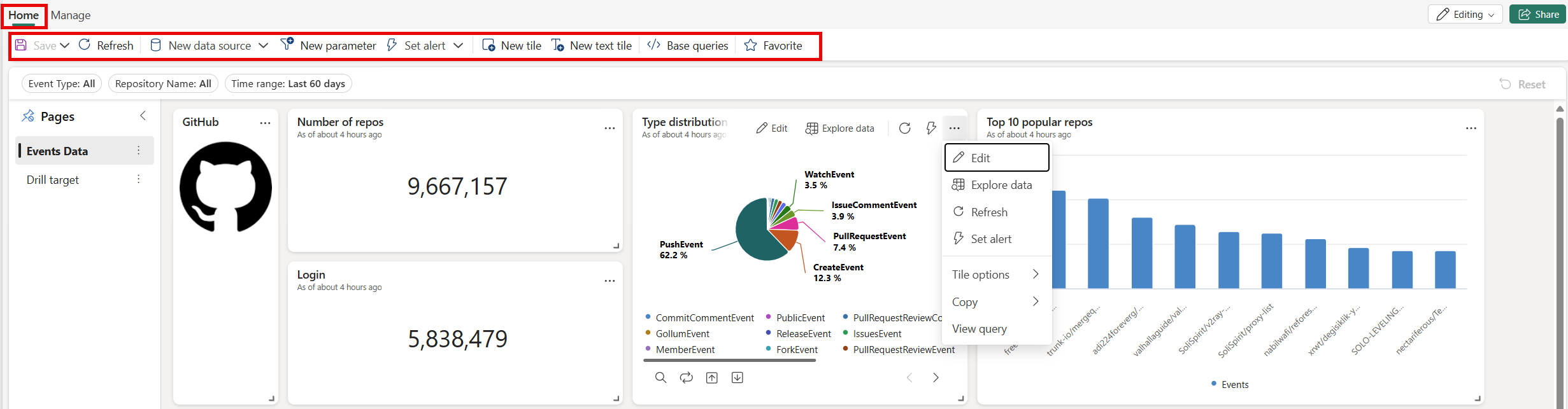 [ホーム] タブのツール バー オプションのスクリーンショット。