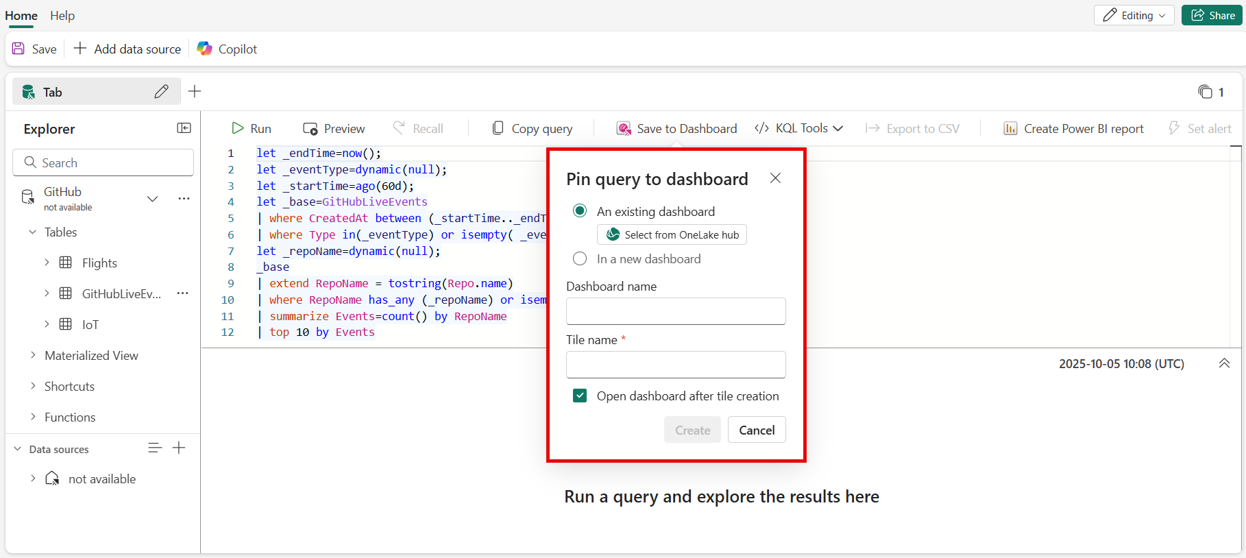 [ダッシュボードにピン留めする] ダイアログ ボックスのスクリーンショット。