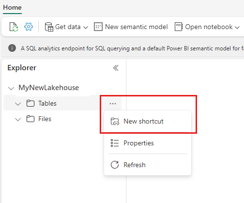 [新しいショートカットの作成] メニュー項目のスクリーンショット。