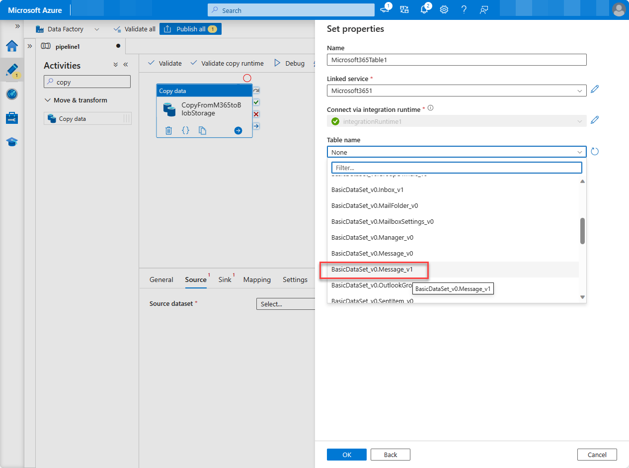 データセットの一覧が展開されている [Azure portal ファクトリ リソース] ページのスクリーンショット。