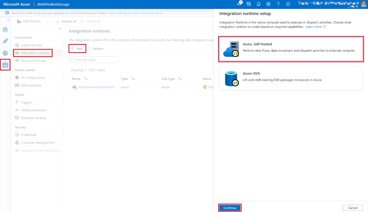 [Azure portal Data Factory サービス] ページのスクリーンショット。セルフホステッドが選択されています。